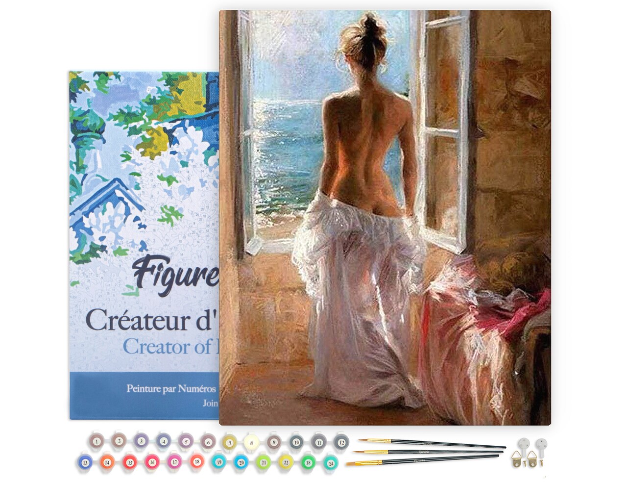 Figured'Art Paint by Numbers for Adults with Frame Naked woman and Sun 16"x20" - Craft Art Painting DIY Kit Canvas Already Stretched on a Wooden Frame